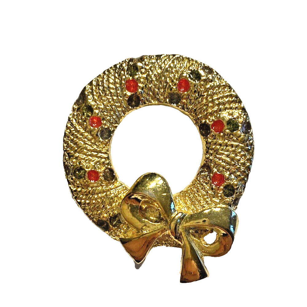 Vintage Christmas Brooch Goldtone Wreath Red Green Rhinestones Festive Fun Pin